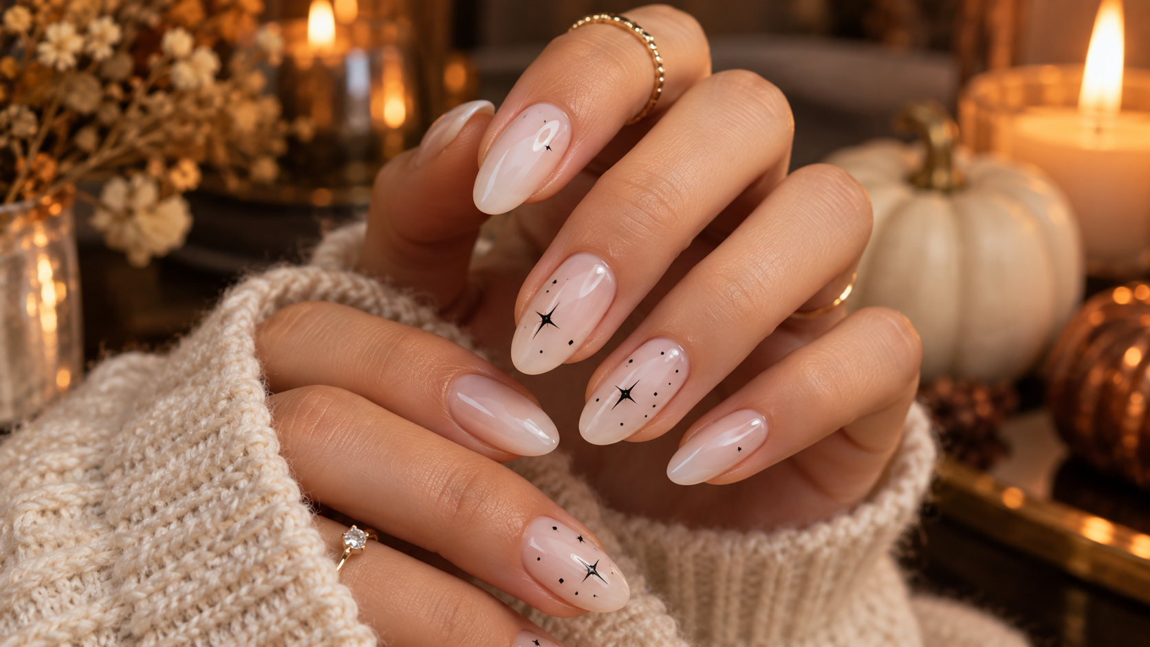 Milky Nude Celestial Nails with Dainty Black Stars